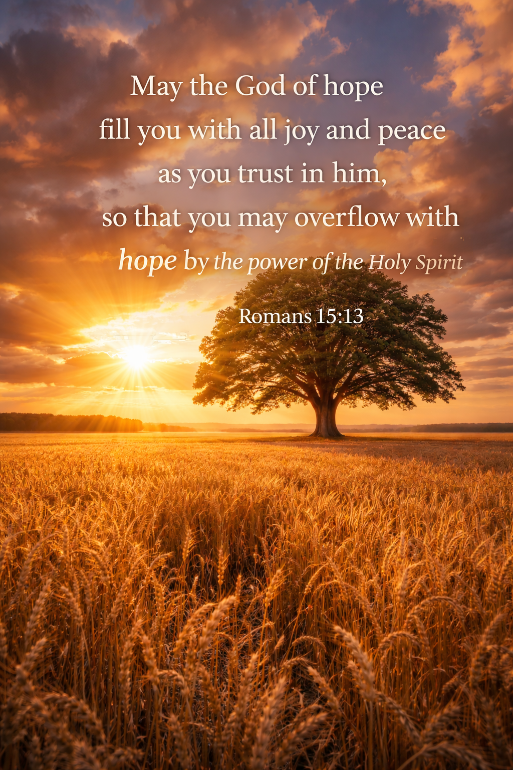 Single majestic tree standing strong in golden wheat field at sunset, dramatic sky with warm colors, inspirational nature background for scripture text -- HD wallpaper